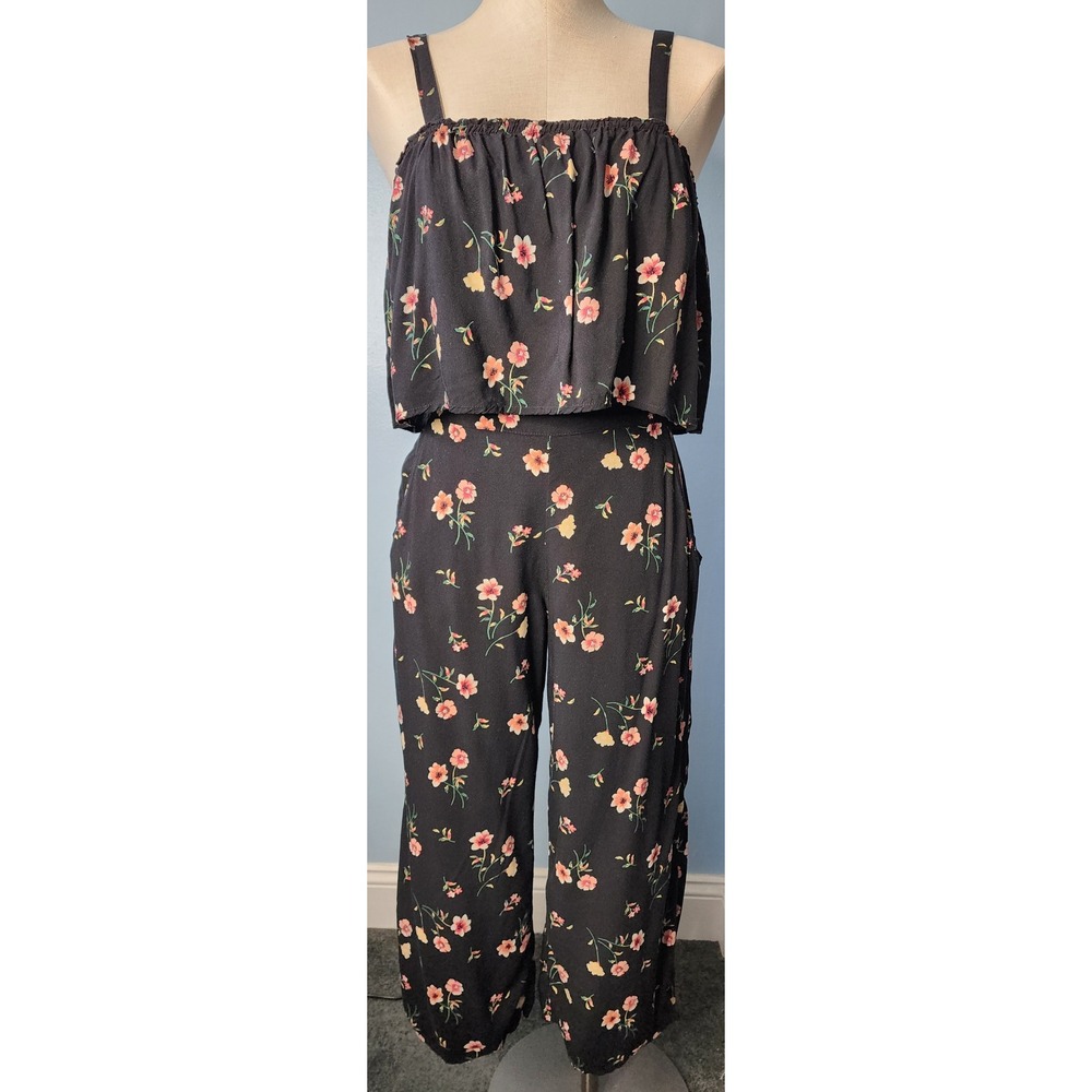 Hollister 2 Pc Jumpsuit Womens Small Black Floral Smocked Wide Leg Boho EXC